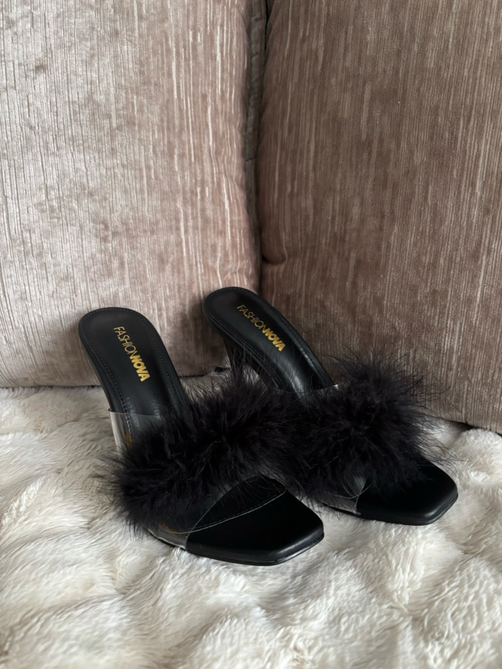Women's Black Feather Slide Heels